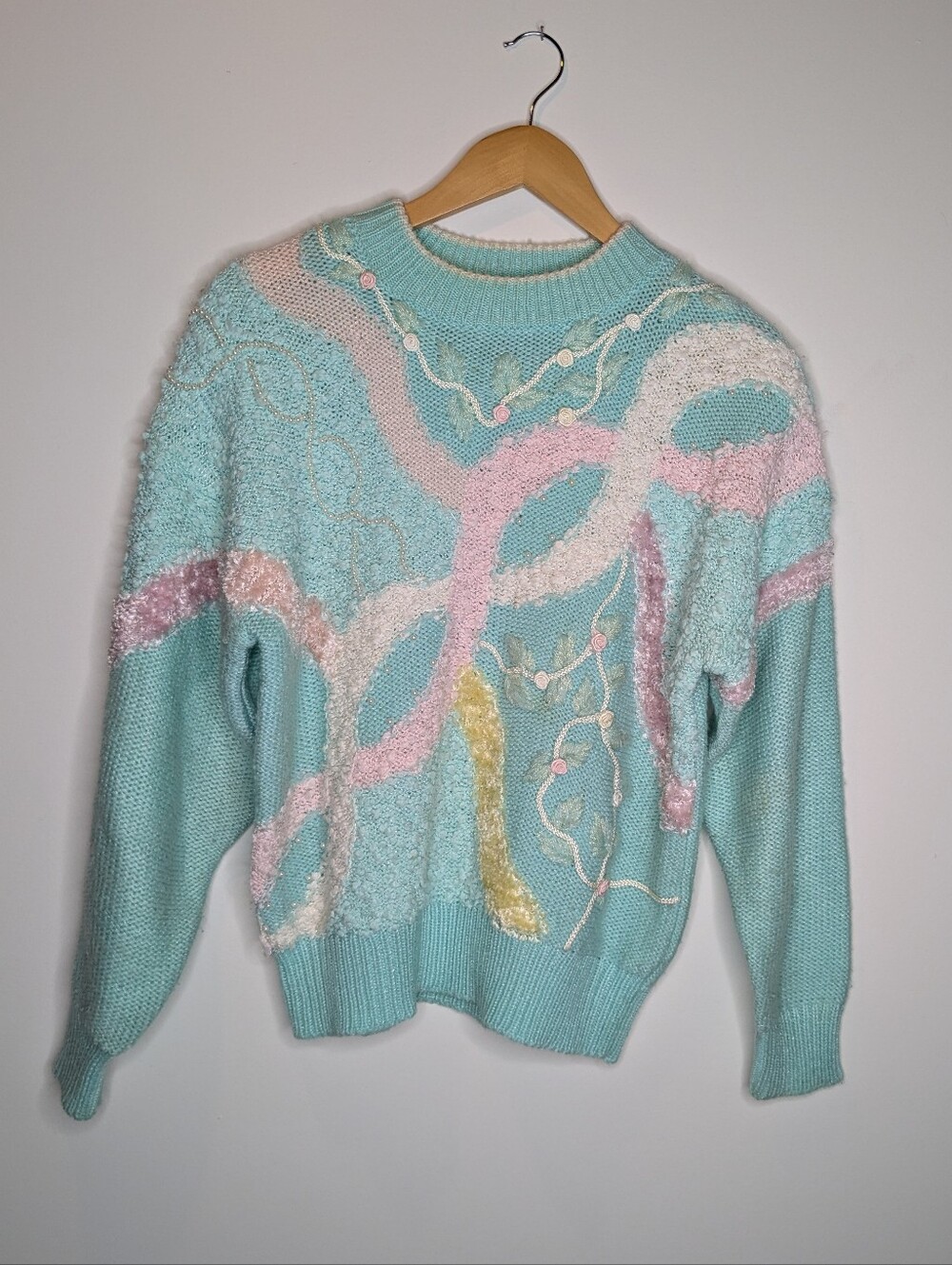 Vintage Pastel Aqua Textured Crewneck Sweater Medium Abstract Design